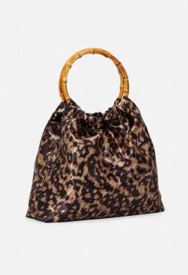 L. Pleated Bamboo Handle Clutch - Leopard