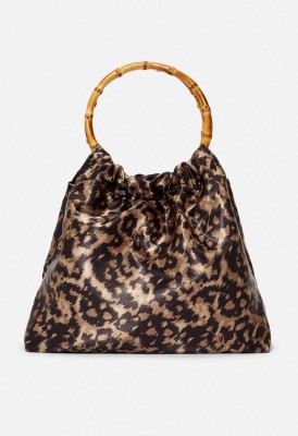 L. Pleated Bamboo Handle Clutch - Leopard
