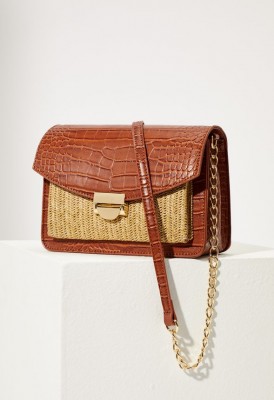 L. Mixed Material Crossbody Bag - Cognac Multi